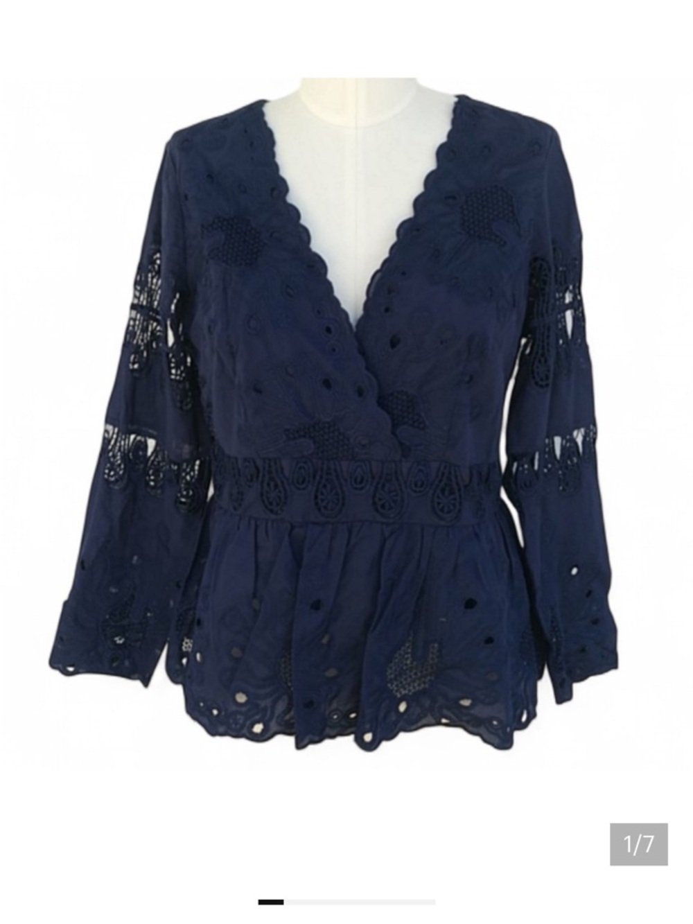 Sail To Sable Dark Blue V-neck  Eyelet Blouse NWT Size M